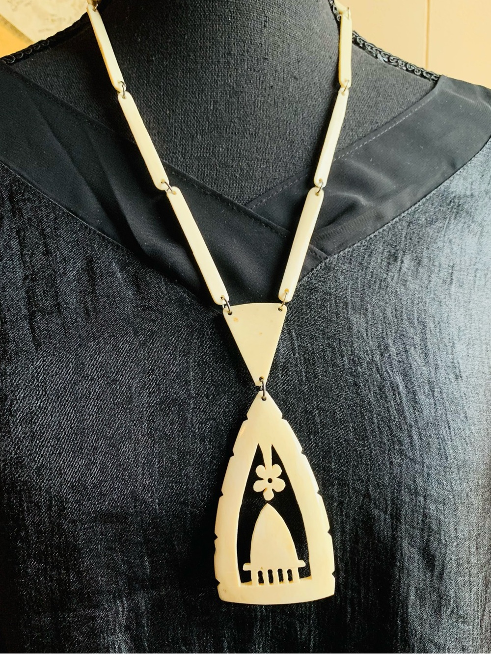 Carved Bone Pendant Vintage Necklace